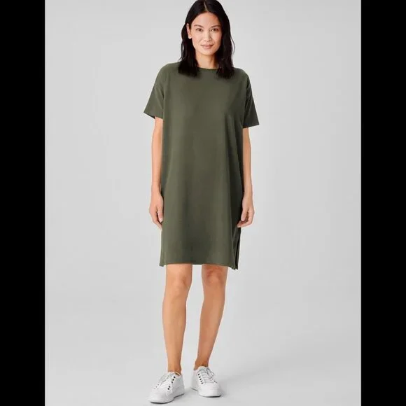 EILEEN FISHER Organic Pima Cotton Jersey T-Shirt Dress "Seaweed" F17OJ | Size L - Picture 1 of 12